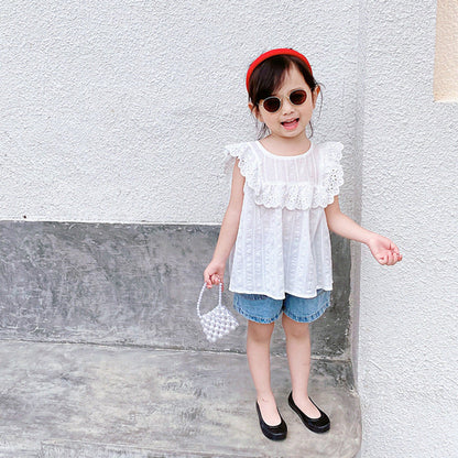 MyKids-USA® Design Girls Crew Neck Sleeveless Lace Trim Hollow Out Floral Pattern Top Shirt