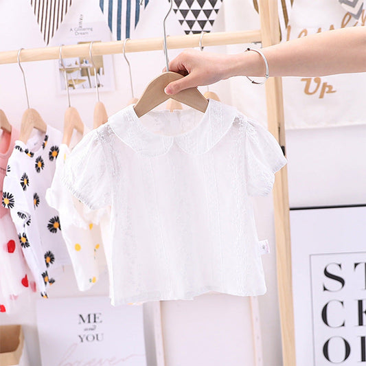 MyKids-USA® Summer Arrival Girls Peter Pan Collar Short Sleeves Solid Color Floral Pattern Embroidery Top Shirt
