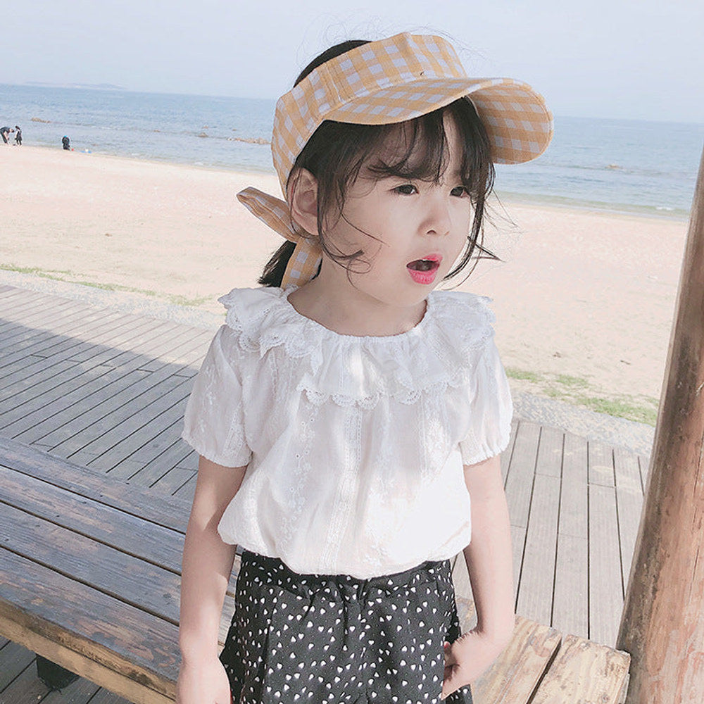 MyKids-USA® Girls Short Sleeves Solid Color Floral Pattern Embroidery Big Collar Top Shirt