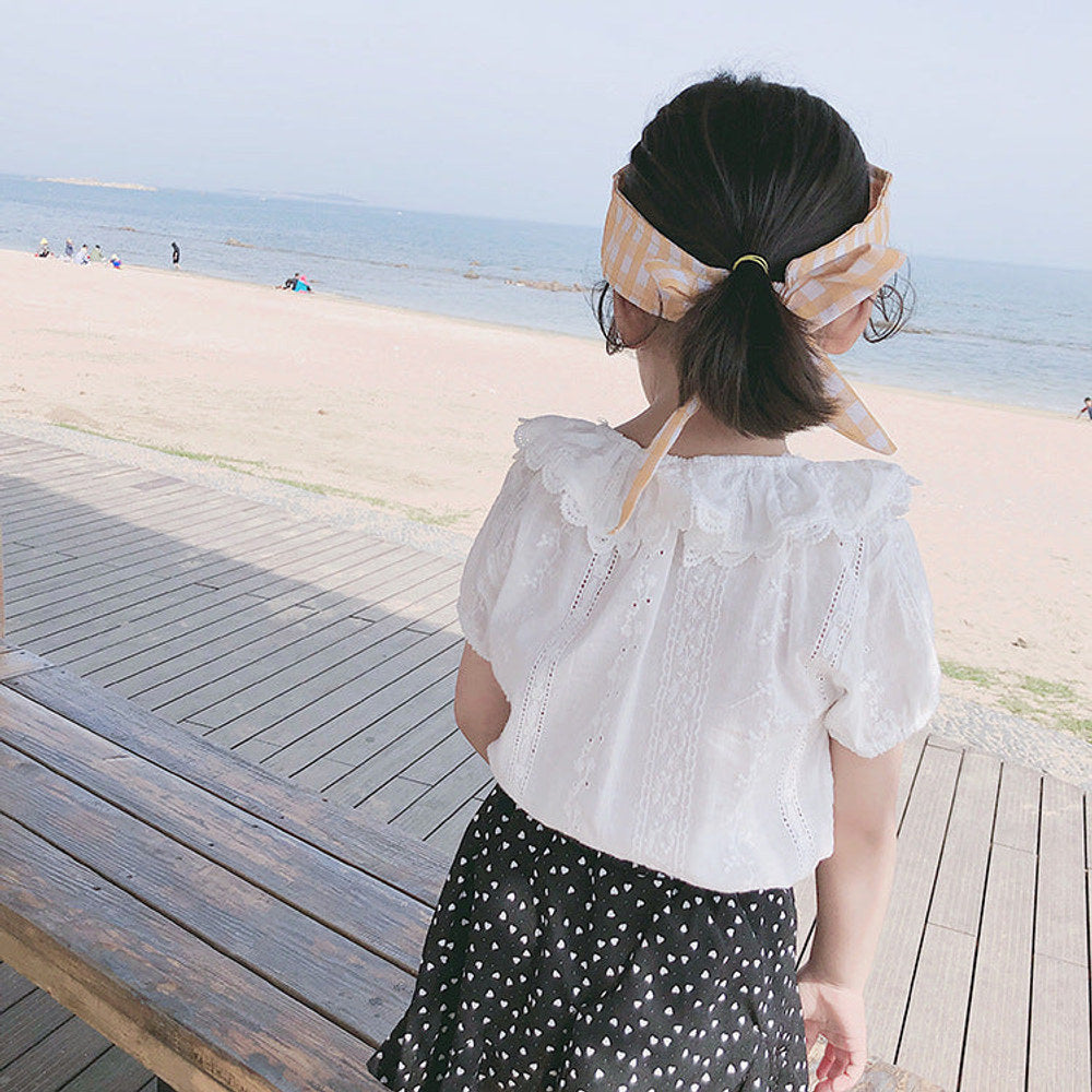 MyKids-USA® Girls Short Sleeves Solid Color Floral Pattern Embroidery Big Collar Top Shirt