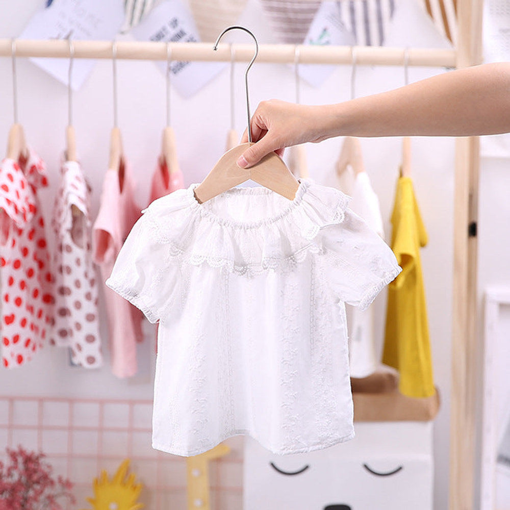 MyKids-USA® Girls Short Sleeves Solid Color Floral Pattern Embroidery Big Collar Top Shirt