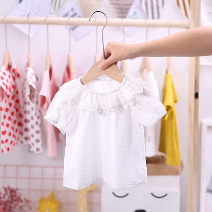 MyKids-USA® Girls Short Sleeves Solid Color Floral Pattern Embroidery Big Collar Top Shirt