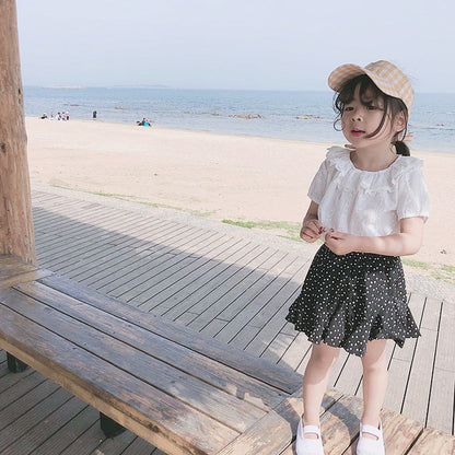 MyKids-USA® Girls Short Sleeves Solid Color Floral Pattern Embroidery Big Collar Top Shirt