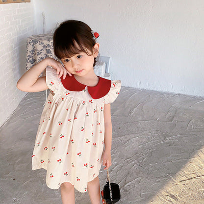 MyKids-USA® Baby Girls Cherry Print Fly Sleeves Peter Pan Collar Dress