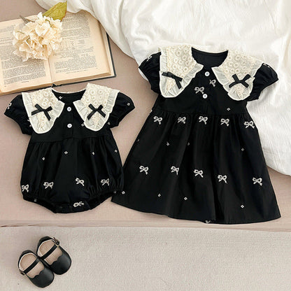 MyKids-USA® Design Baby Kids Girls Floral Pattern Collar Short Sleeves Bows Embroidery bodysuit And Girls’ Dress – Princess Sister Matching Set