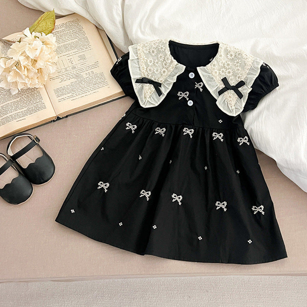 MyKids-USA® Design Baby Kids Girls Floral Pattern Collar Short Sleeves Bows Embroidery bodysuit And Girls’ Dress – Princess Sister Matching Set
