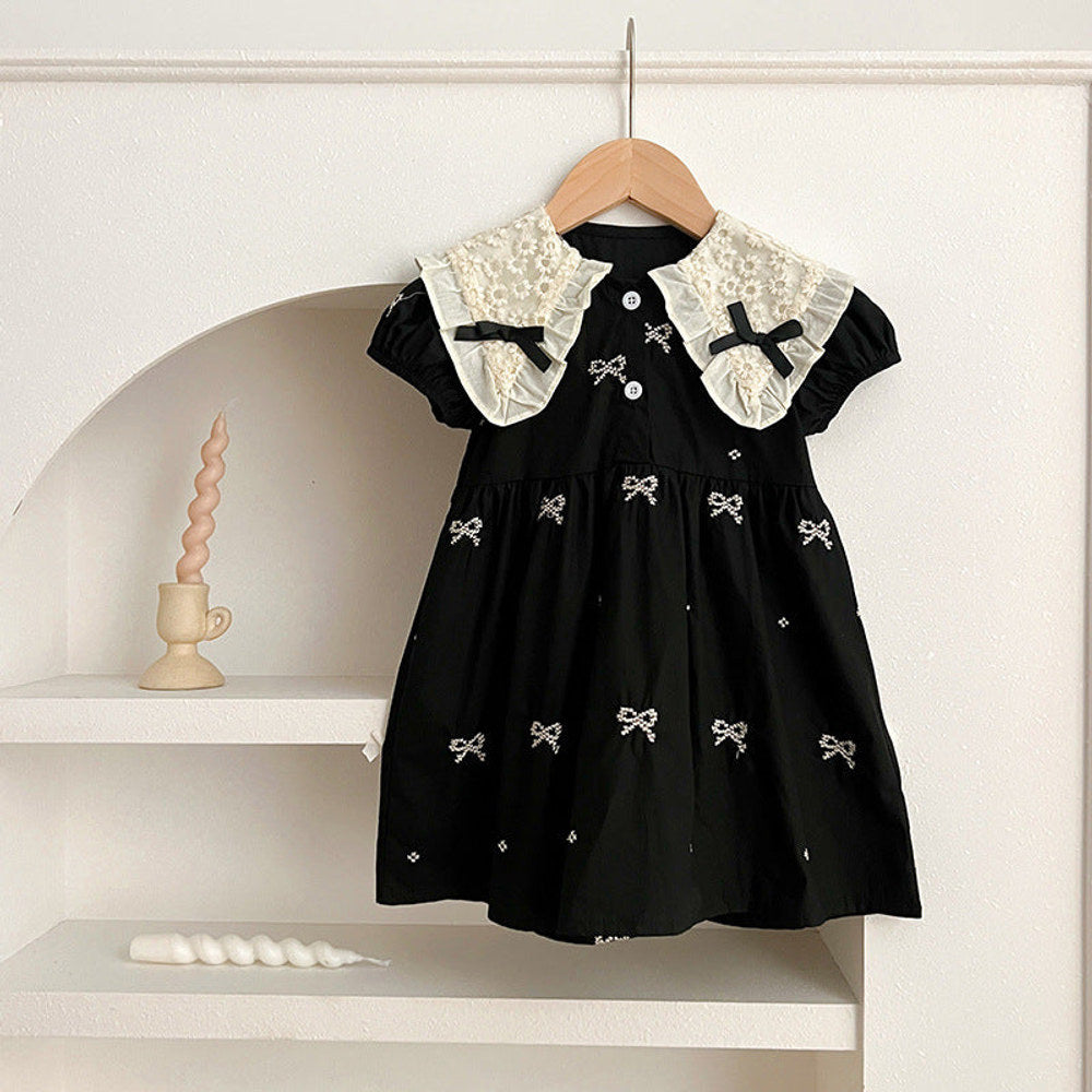MyKids-USA® Design Baby Kids Girls Floral Pattern Collar Short Sleeves Bows Embroidery bodysuit And Girls’ Dress – Princess Sister Matching Set
