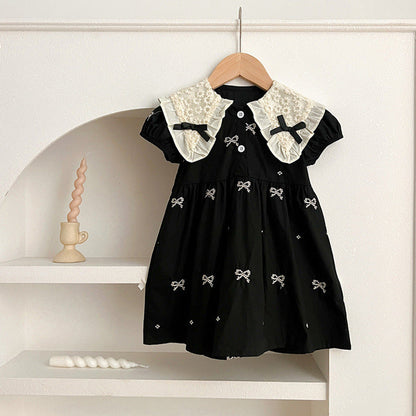MyKids-USA® Design Baby Kids Girls Floral Pattern Collar Short Sleeves Bows Embroidery bodysuit And Girls’ Dress – Princess Sister Matching Set