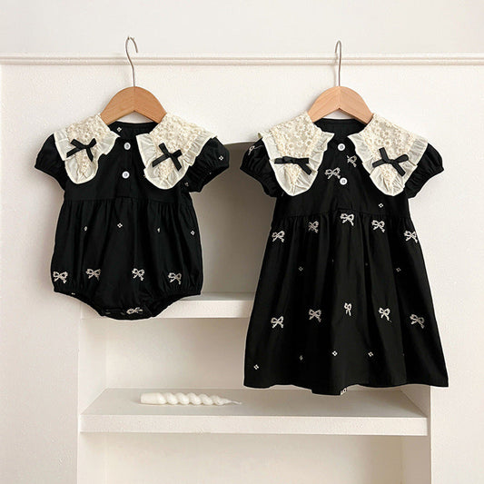 MyKids-USA® Design Baby Kids Girls Floral Pattern Collar Short Sleeves Bows Embroidery bodysuit And Girls’ Dress – Princess Sister Matching Set