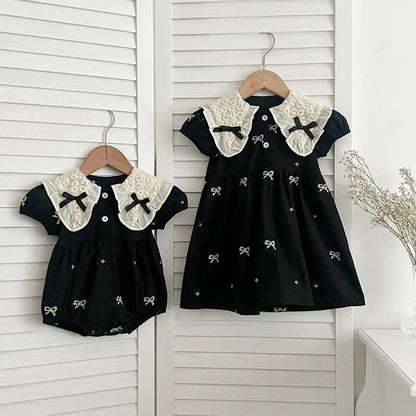 MyKids-USA® Design Baby Kids Girls Floral Pattern Collar Short Sleeves Bows Embroidery bodysuit And Girls’ Dress – Princess Sister Matching Set