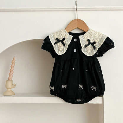 MyKids-USA® Design Baby Kids Girls Floral Pattern Collar Short Sleeves Bows Embroidery bodysuit And Girls’ Dress – Princess Sister Matching Set
