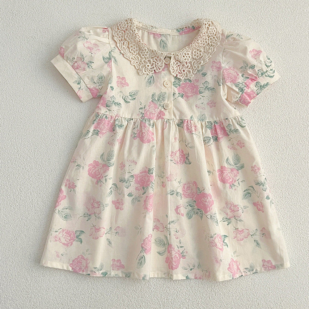 MyKids-USA® Girls Floral Pattern Hollow Out Peter Pan Collar Short Sleeves bodysuit And Girls’ Dress – Princess Sister Matching Set