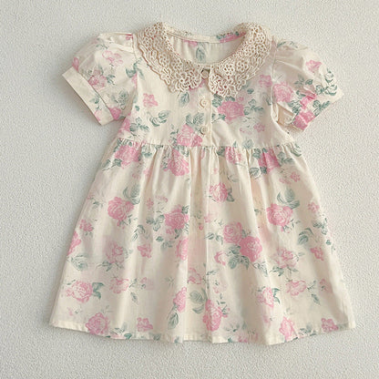 MyKids-USA® Girls Floral Pattern Hollow Out Peter Pan Collar Short Sleeves bodysuit And Girls’ Dress – Princess Sister Matching Set