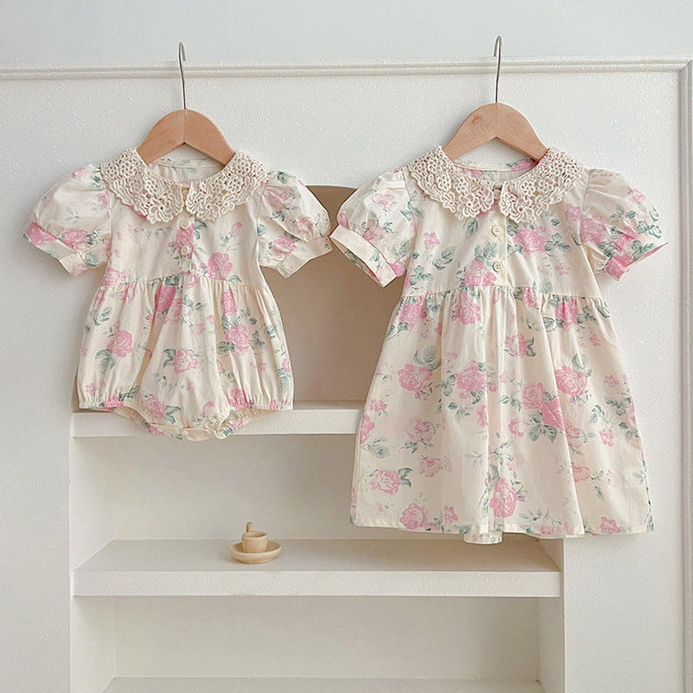 MyKids-USA® Girls Floral Pattern Hollow Out Peter Pan Collar Short Sleeves bodysuit And Girls’ Dress – Princess Sister Matching Set
