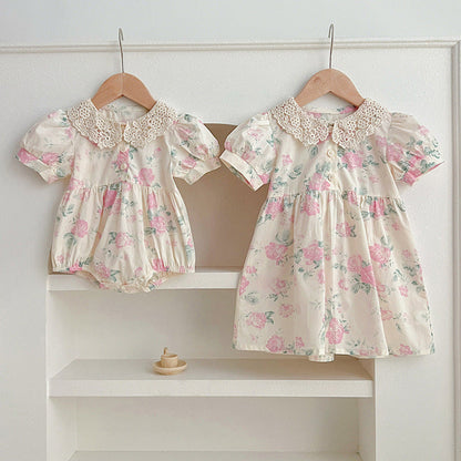 MyKids-USA® Girls Floral Pattern Hollow Out Peter Pan Collar Short Sleeves bodysuit And Girls’ Dress – Princess Sister Matching Set