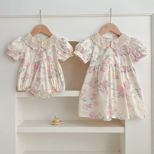 MyKids-USA® Girls Floral Pattern Hollow Out Peter Pan Collar Short Sleeves bodysuit And Girls’ Dress – Princess Sister Matching Set