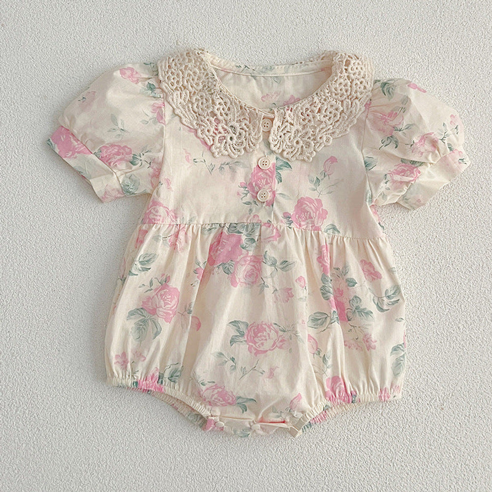 MyKids-USA® Girls Floral Pattern Hollow Out Peter Pan Collar Short Sleeves bodysuit And Girls’ Dress – Princess Sister Matching Set