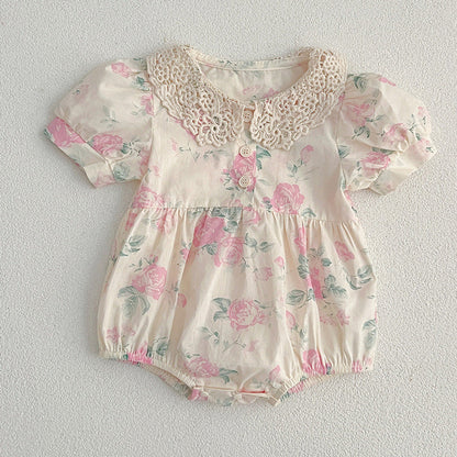 MyKids-USA® Girls Floral Pattern Hollow Out Peter Pan Collar Short Sleeves bodysuit And Girls’ Dress – Princess Sister Matching Set