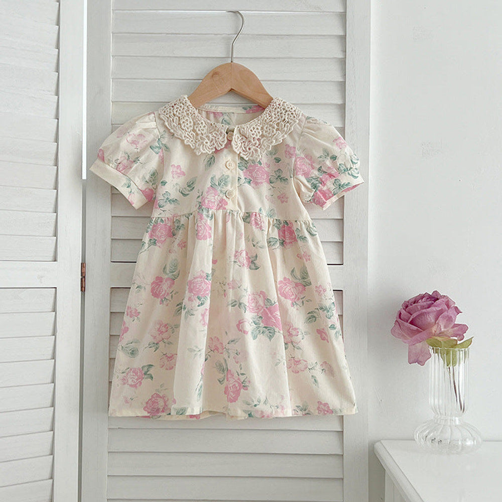 MyKids-USA® Girls Floral Pattern Hollow Out Peter Pan Collar Short Sleeves bodysuit And Girls’ Dress – Princess Sister Matching Set