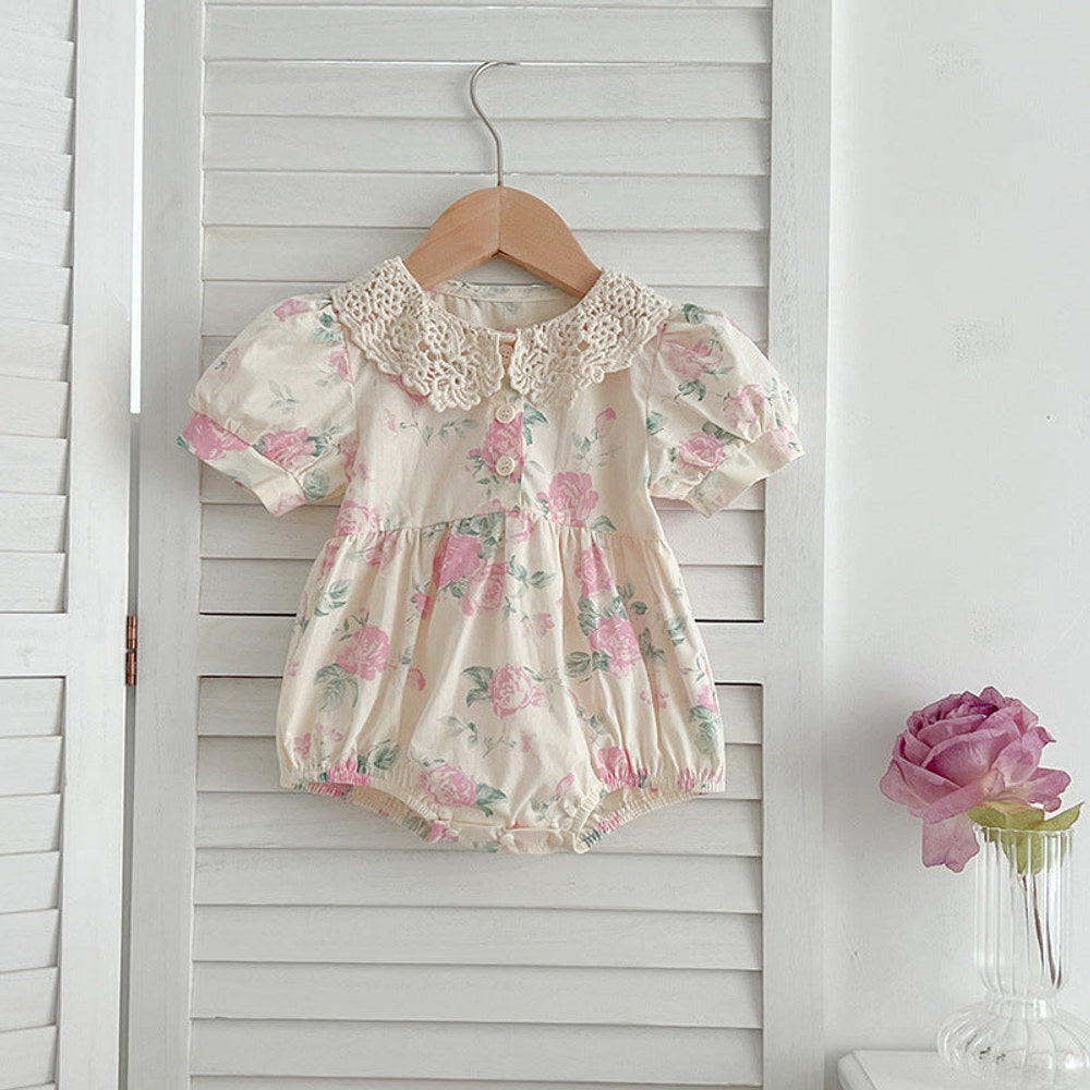 MyKids-USA® Girls Floral Pattern Hollow Out Peter Pan Collar Short Sleeves bodysuit And Girls’ Dress – Princess Sister Matching Set