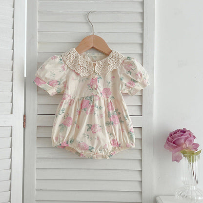 MyKids-USA® Girls Floral Pattern Hollow Out Peter Pan Collar Short Sleeves bodysuit And Girls’ Dress – Princess Sister Matching Set
