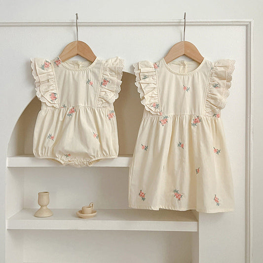 MyKids-USA® Design Baby Kids Girls Floral Pattern Embroidery Sleeveless Crew Neck bodysuit And Girls’ Dress – Princess Sister Matching Set