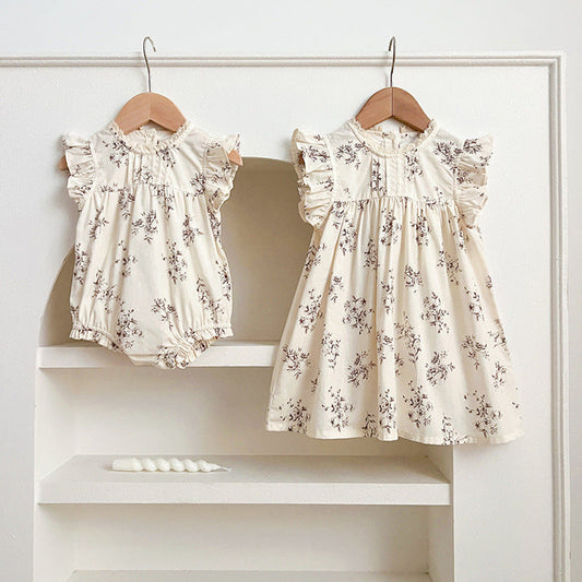 MyKids-USA® Baby Kids Girls Floral Vine Pattern Sleeveless Crew Neck bodysuit And Girls’ Dress – Princess Sister Matching Set