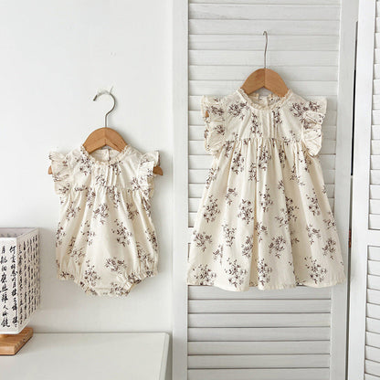 MyKids-USA® Baby Kids Girls Floral Vine Pattern Sleeveless Crew Neck bodysuit And Girls’ Dress – Princess Sister Matching Set