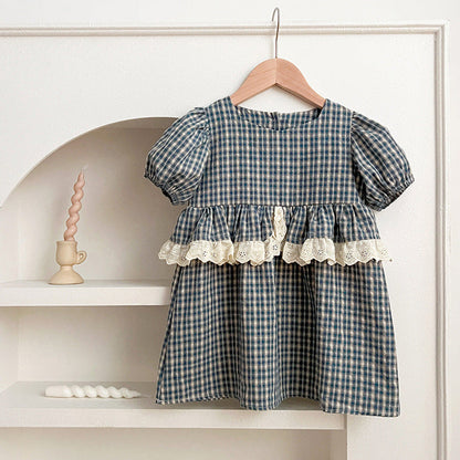 MyKids-USA® Design Baby Kids Girls Plaid Short Sleeves Crew Neck bodysuit And Girls’ Dress – Princess Sister Matching Set