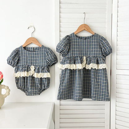 MyKids-USA® Design Baby Kids Girls Plaid Short Sleeves Crew Neck bodysuit And Girls’ Dress – Princess Sister Matching Set