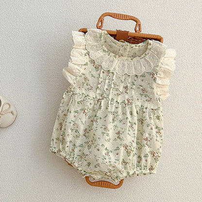 MyKids-USA® Baby Floral Vine Pattern Fly Sleeves bodysuit For Girls With Hollow Out Collar