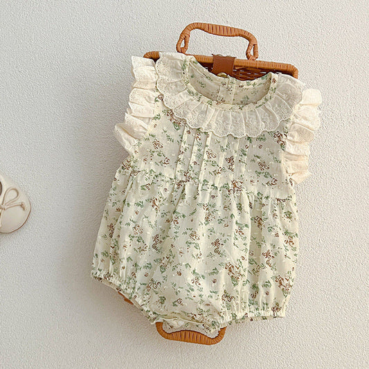 MyKids-USA® Baby Floral Vine Pattern Fly Sleeves bodysuit For Girls With Hollow Out Collar