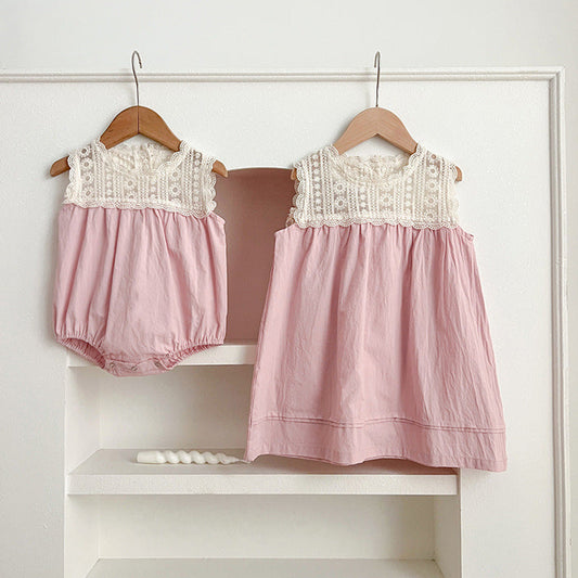 MyKids-USA® Design Baby Kids Girls Floral Pattern Embroidery Lace Patchwork Sleeveless Crew Neck bodysuit And Girls’ Dress – Princess Sister Matching Set