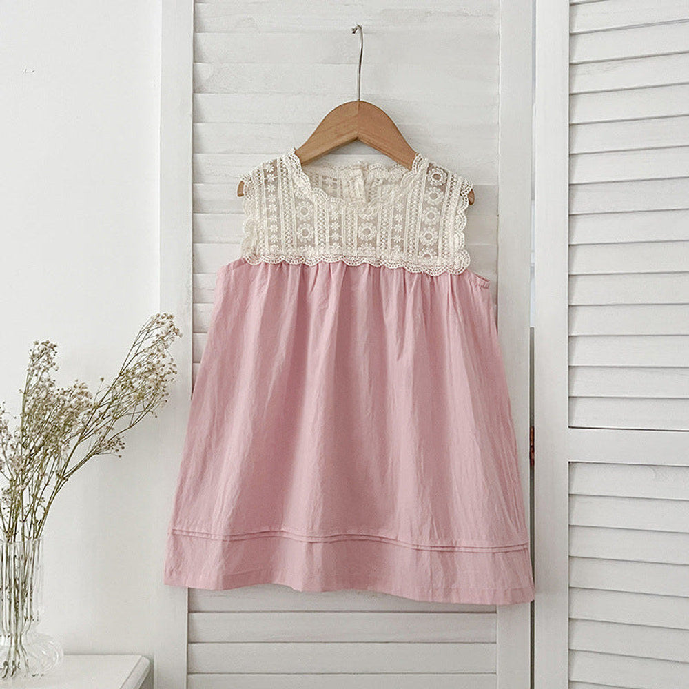 Design Summer Baby Kids Girls Floral Pattern Embroidery Lace Patchwork Sleeveless Crew Neck bodysuit And Girls’ Dress – Princess Sister Matching Set