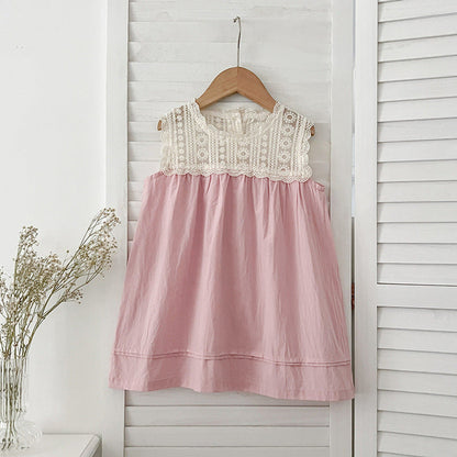 Design Summer Baby Kids Girls Floral Pattern Embroidery Lace Patchwork Sleeveless Crew Neck bodysuit And Girls’ Dress – Princess Sister Matching Set