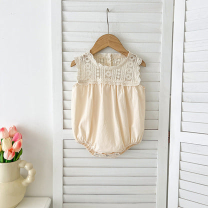 Design Summer Baby Kids Girls Floral Pattern Embroidery Lace Patchwork Sleeveless Crew Neck bodysuit And Girls’ Dress – Princess Sister Matching Set