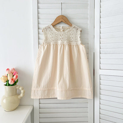 Design Summer Baby Kids Girls Floral Pattern Embroidery Lace Patchwork Sleeveless Crew Neck bodysuit And Girls’ Dress – Princess Sister Matching Set