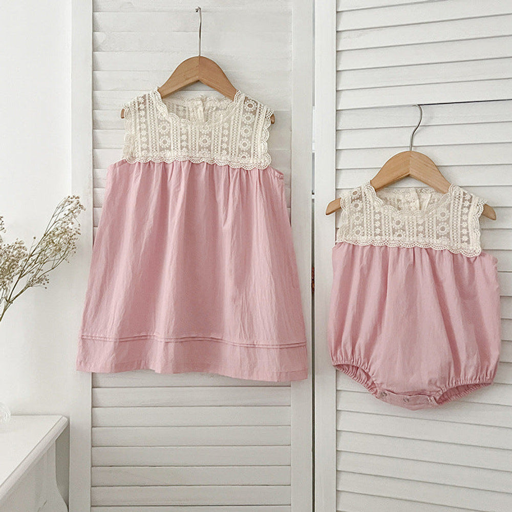 Design Summer Baby Kids Girls Floral Pattern Embroidery Lace Patchwork Sleeveless Crew Neck bodysuit And Girls’ Dress – Princess Sister Matching Set