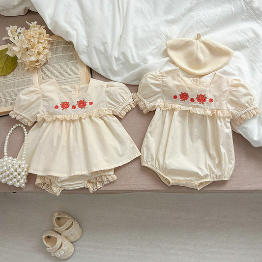 MyKids-USA® Baby Kids Girls Flowers Pattern Embroidery Short Sleeves Square Neck Dress And Bloomers Sets And bodysuit – Princess Sister Matching Set