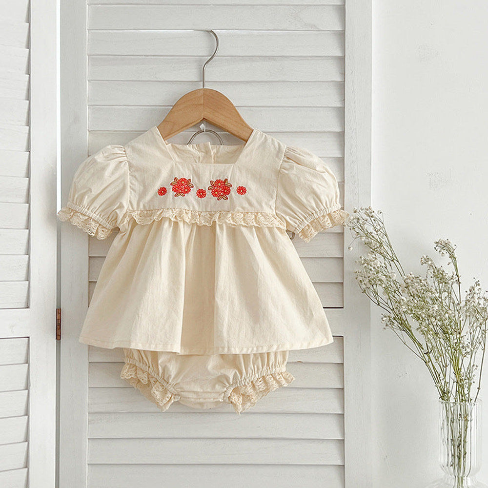 MyKids-USA® Baby Kids Girls Flowers Pattern Embroidery Short Sleeves Square Neck Dress And Bloomers Sets And bodysuit – Princess Sister Matching Set