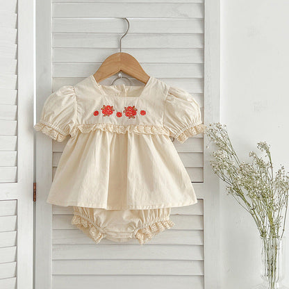 MyKids-USA® Baby Kids Girls Flowers Pattern Embroidery Short Sleeves Square Neck Dress And Bloomers Sets And bodysuit – Princess Sister Matching Set
