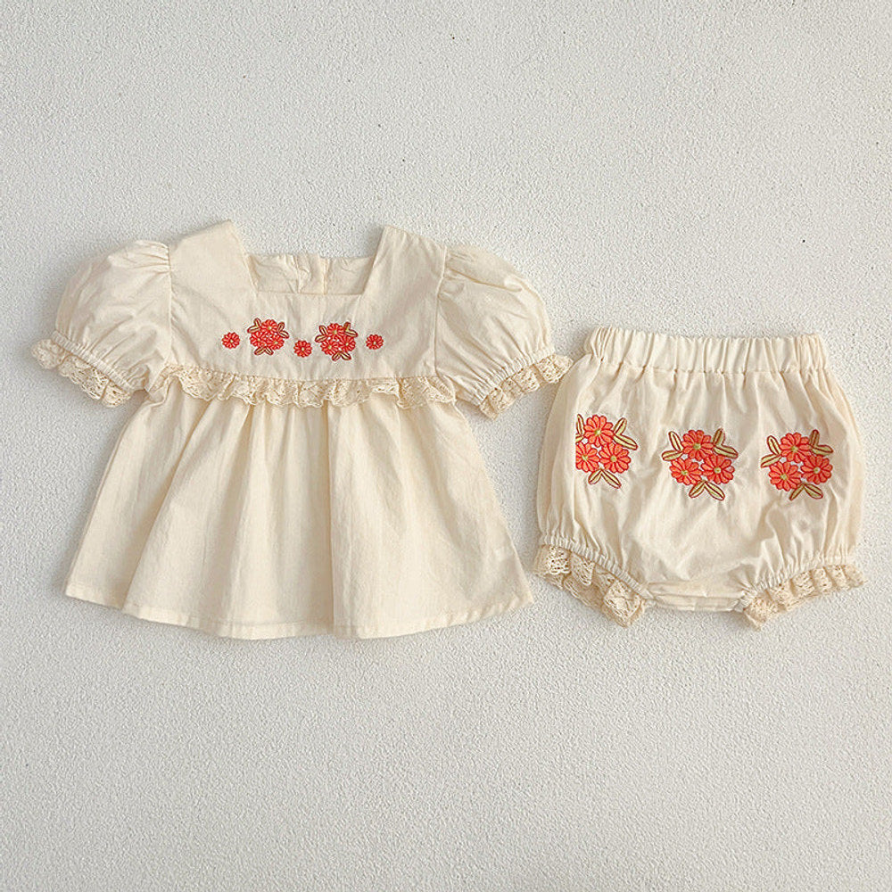 MyKids-USA® Baby Kids Girls Flowers Pattern Embroidery Short Sleeves Square Neck Dress And Bloomers Sets And bodysuit – Princess Sister Matching Set