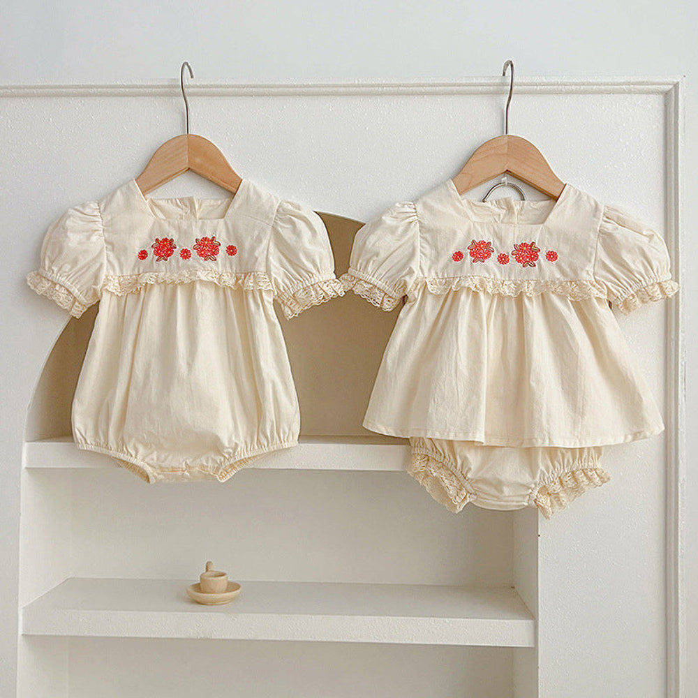 MyKids-USA® Baby Kids Girls Flowers Pattern Embroidery Short Sleeves Square Neck Dress And Bloomers Sets And bodysuit – Princess Sister Matching Set