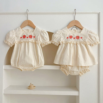 MyKids-USA® Baby Kids Girls Flowers Pattern Embroidery Short Sleeves Square Neck Dress And Bloomers Sets And bodysuit – Princess Sister Matching Set