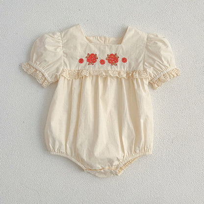 MyKids-USA® Baby Kids Girls Flowers Pattern Embroidery Short Sleeves Square Neck Dress And Bloomers Sets And bodysuit – Princess Sister Matching Set