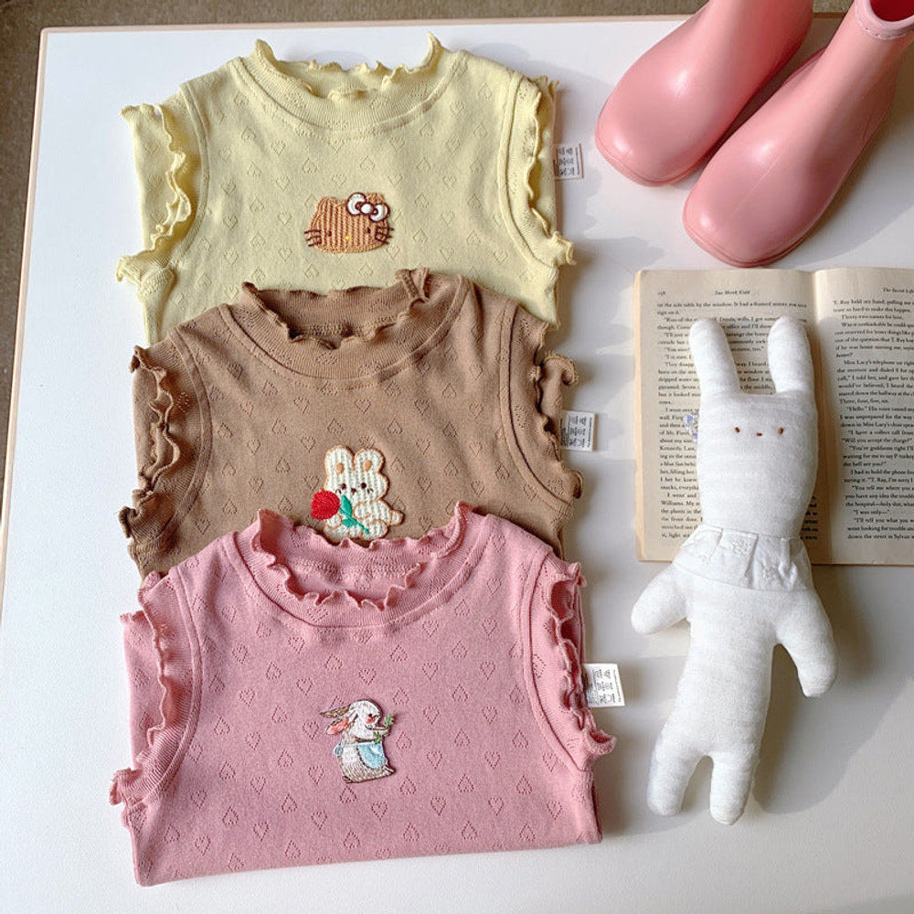 MyKids-USA® Design Girls Ruffle Neck Sleeveless Cartoon Animals Pattern Hollow Out Top Vest