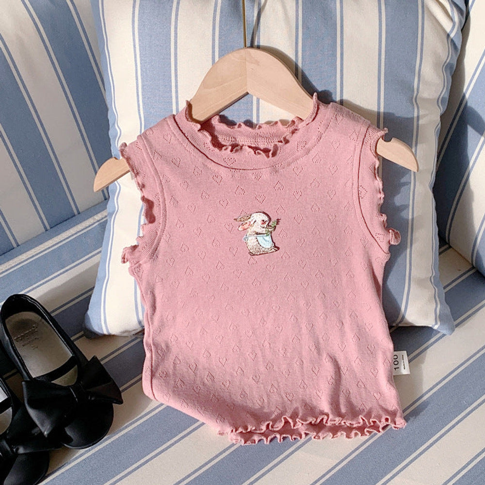 MyKids-USA® Design Girls Ruffle Neck Sleeveless Cartoon Animals Pattern Hollow Out Top Vest