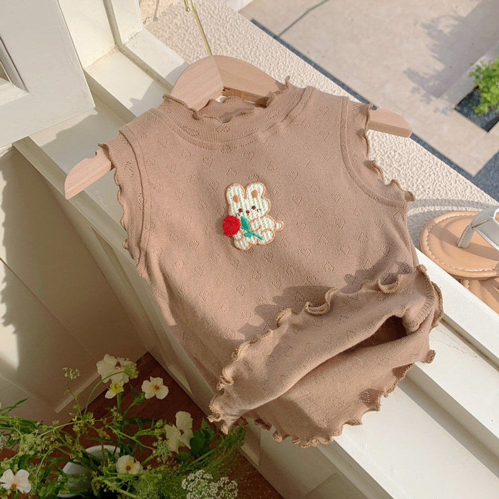 MyKids-USA® Design Girls Ruffle Neck Sleeveless Cartoon Animals Pattern Hollow Out Top Vest
