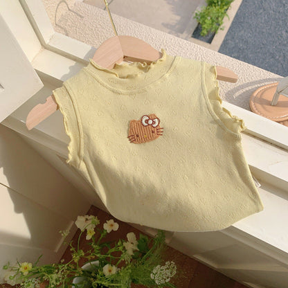 MyKids-USA® Design Girls Ruffle Neck Sleeveless Cartoon Animals Pattern Hollow Out Top Vest