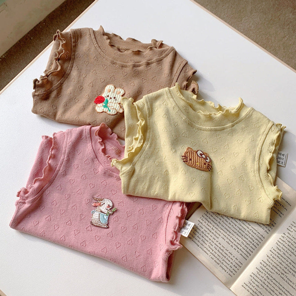 MyKids-USA® Design Girls Ruffle Neck Sleeveless Cartoon Animals Pattern Hollow Out Top Vest